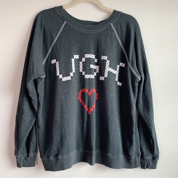 WILDFOX "UGH" Sweatshirt Faux Knit Stitching Graphic Gray Olive Green Size XS - Picture 2 of 7